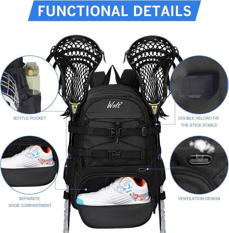 WOLT Lacrosse Bag-Lacrosse Backpack with Two Sticks Holder-Large Field Hockey Bag Holds All Sport Gears - Image 4